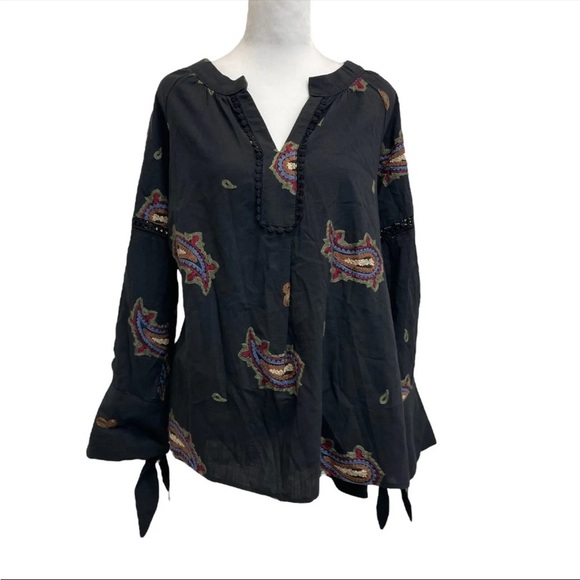 Ellison 100% Linen Black Paisley Embroidered Tie Wrist Boho Tunic Blouse - Picture 1 of 12